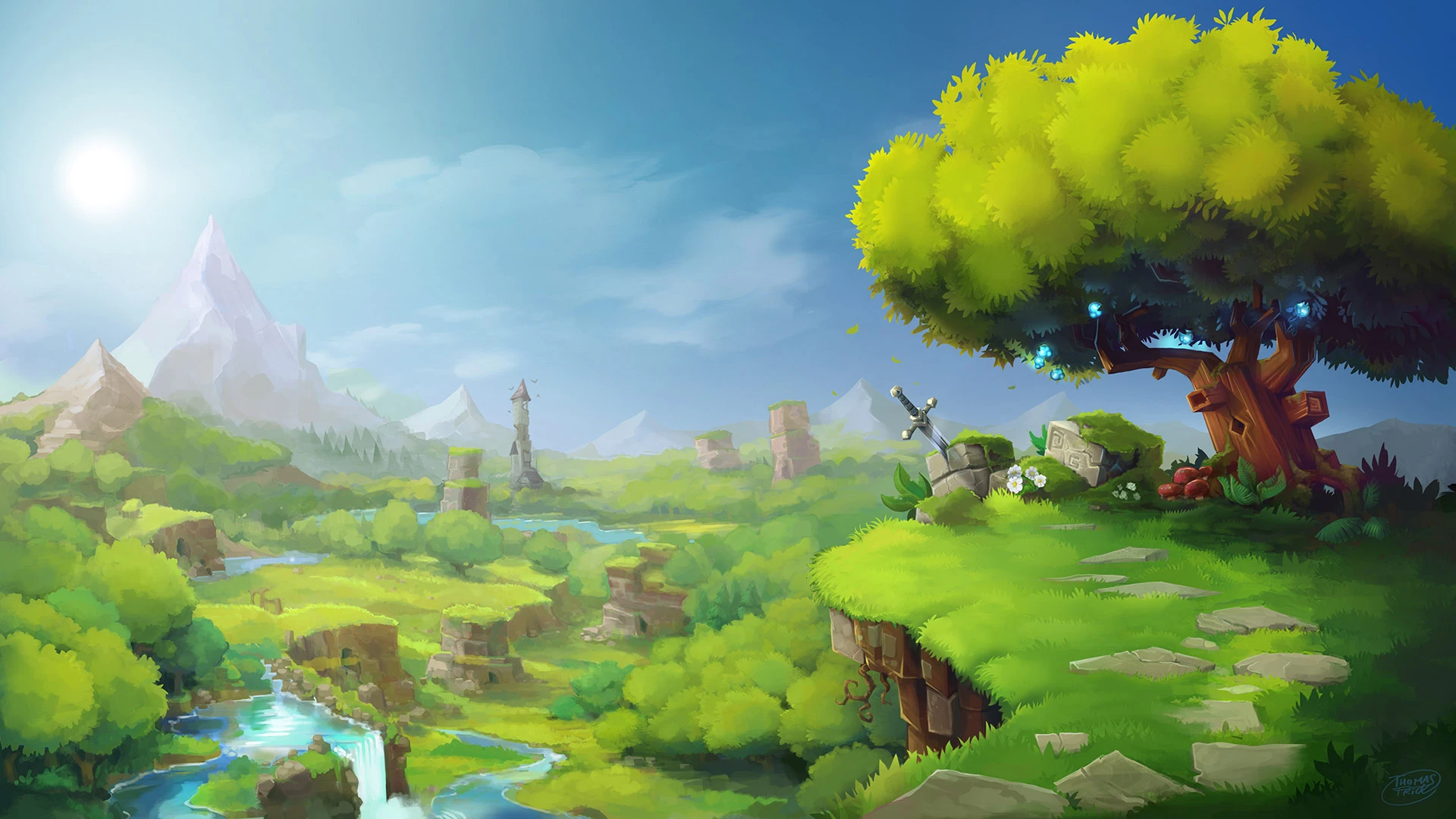 Hytale official wallpaper of a sunlit valley, a great tree and a sword in the stone on a cliff edge