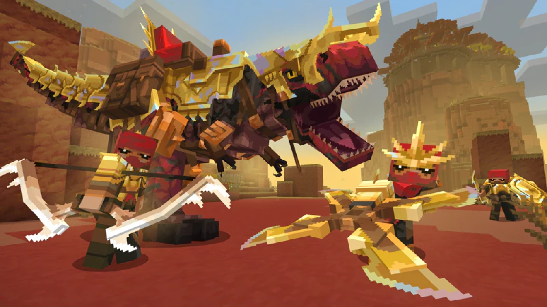 An intimidating T-rex with a golden armor alongside with its goons.