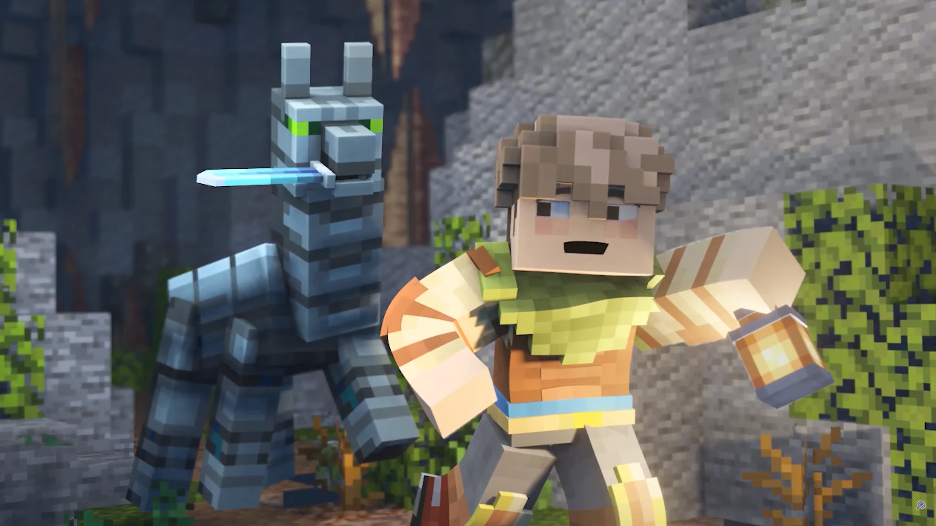 Marshal running away from a metal llama with a sword on its mouth.