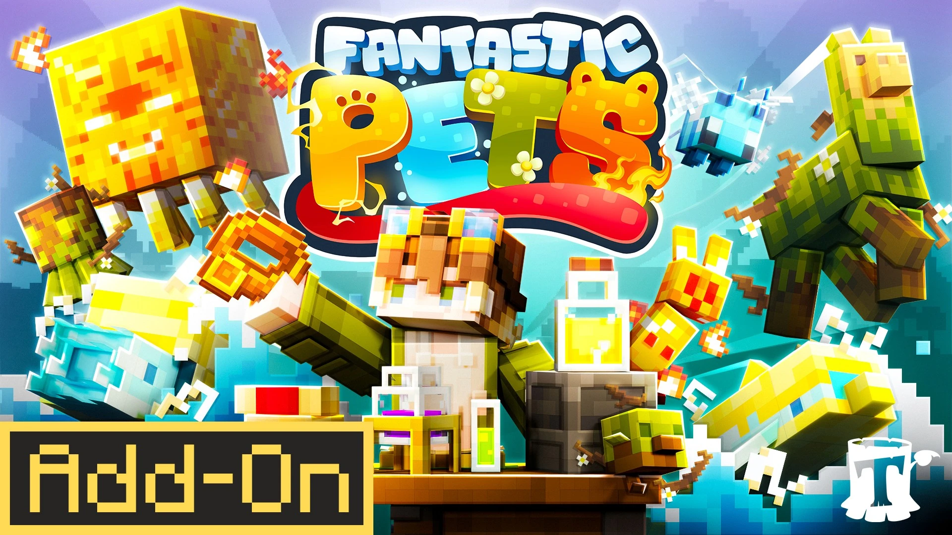 Fantastic Pets add-on key art, with glowing axolotls, foxes and frogs around the logo