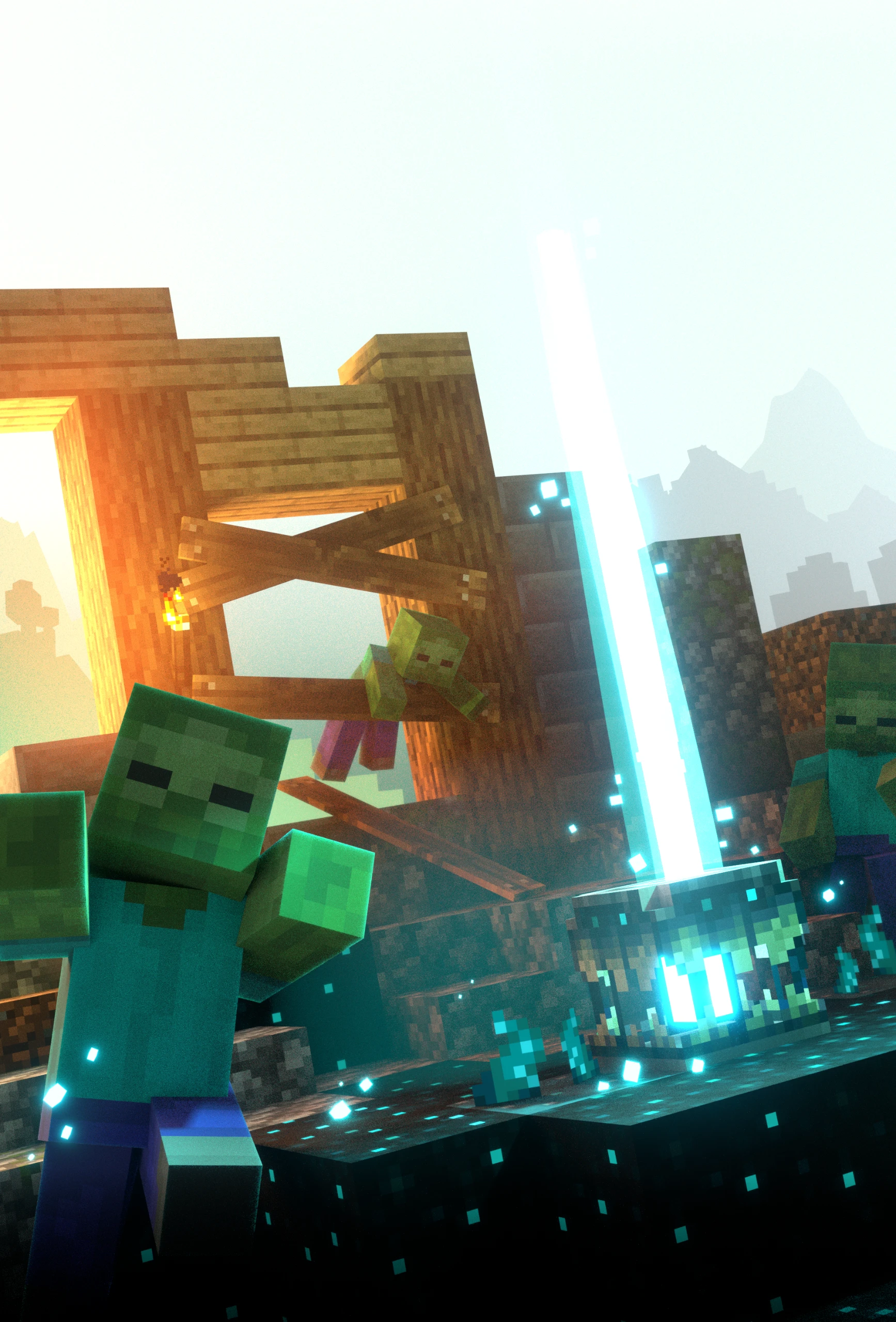 Zombies closing in on a barricaded wooden doorway as a glowing enchanted sword cuts through the dark.